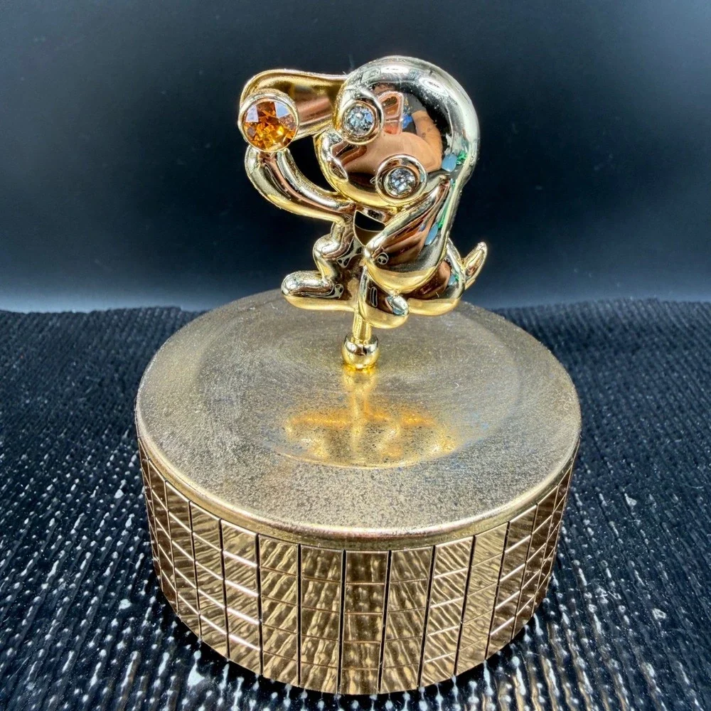 Matashi Crystals Gold Tone Puppy Dog Rotating Music Box Figurine Amber Crystals